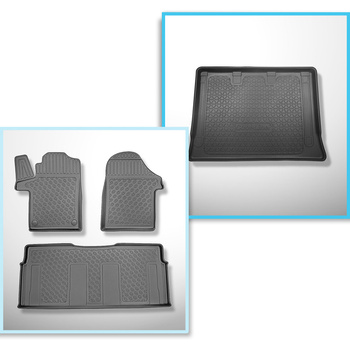 Kit tapis de coffre et tapis de voiture TPE pour: Mercedes-Benz Classe V W447 Van (10.2014-....) - version Extra longue (Extra Long) (empattement 3430 mm, longueur du véhicule 5370 mm);sans séparation de l'espace bagage;sans 3ème rangée