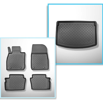 Kit tapis de coffre et tapis de voiture TPE pour: Mazda CX-3 SUV (06.2015-12.2021) - sur le niveau supérieur (aussi avec caisson de graves) et inférieur (seulement sans caisson de graves) du plancher amovible du coffre