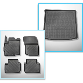 Kit tapis de coffre et tapis de voiture TPE pour: Mitsubishi Outlander III SUV (09.2012-2022) - 5/7 places;3ème rangée de sièges rabaissées (avec et sans subwoofer);pas pour les versions hybride;sans 3ème rangée