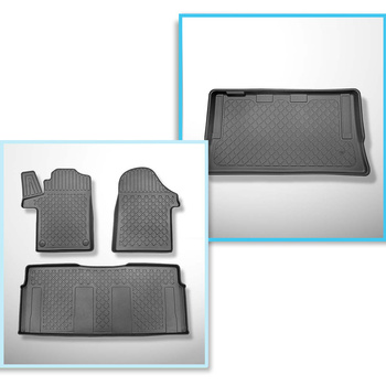 Kit tapis de coffre et tapis de voiture TPE pour: Mercedes-Benz Classe V W447 Van (06.2014-....) - version longue (entraxe 3.200 mm; longueur 5.140 mm); pour la 3ème rangée de sièges; sans séparation de l'espace bagage; tous les niveaux de finition