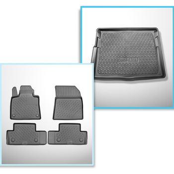 Kit tapis de coffre et tapis de voiture TPE pour: Citroen C4 Picasso II Monospace (07.2013-11.2020) - 5 places;coffre inférieur (sans insert en stéropiane sous le plancher amovible);sans 3ème rangée