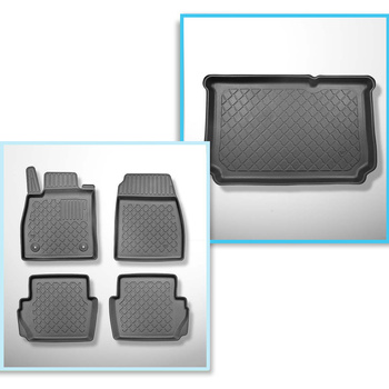 Kit tapis de coffre et tapis de voiture TPE pour: Ford Fiesta VIII Hayon (07.2017-....) - coffre inférieur; modèles sans plancher amovible du coffre; aussi pour la version hybride