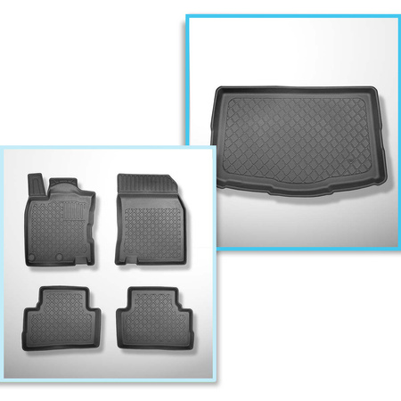 Kit tapis de coffre et tapis de voiture TPE pour: Nissan Qashqai II Crossover (02.2014-05.2021) - coffre inférieur; avec kit de réparation (Acenta & Tekna) & tous les modèles (Visia); avec roue de secours taille normale; sans plancher double du coffre