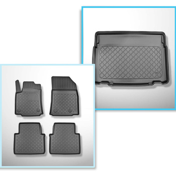 Kit tapis de coffre et tapis de voiture TPE pour: Citroen C3 Aircross SUV (11.2017-....) - coffre inférieur; plancher amovible en la position la plus basse ou sans plancher amovible du coffre; sièges arrière rabattables et coulissante