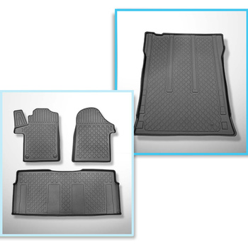 Kit tapis de coffre et tapis de voiture TPE pour: Mercedes-Benz Vito W447 Van (10.2014-....) - pour l'espace derriere 2e rangée de sieges (3e rangée dans la voiture ou enlevée); Tourer Long (empattement 3.200 mm, longueur du véhicule 5.140 mm)