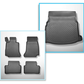 Kit tapis de coffre et tapis de voiture TPE pour: Mercedes-Benz Classe E W213 Berline (04.2016-....) - sièges arrière à plat; non pour version Plug-in hybride; sans caisson de graves (soundsytem Burmester)