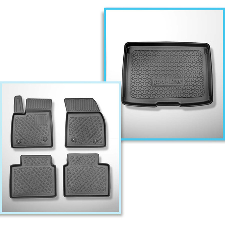 Kit tapis de coffre et tapis de voiture TPE PREMIUM pour: Ford Focus IV Hayon (09.2018-....) - coffre supérieur; avec roue de secours taille normale; plancher amovible en la position la plus basse; aussi pour la version hybride