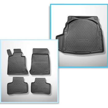 Kit tapis de coffre et tapis de voiture TPE PREMIUM pour: Mercedes-Benz Classe E W212 Berline (03.2009-03.2016) - avec cavité gauche (éventuellement à couper); surface plate du coffre