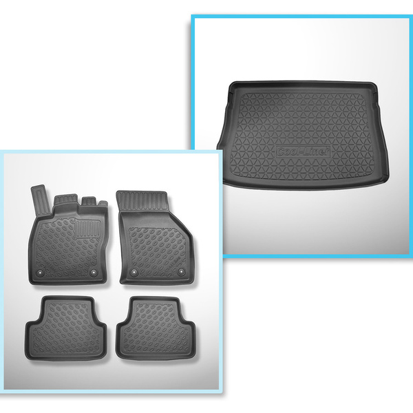 Kit tapis de coffre et tapis de voiture TPE pour: Volkswagen Golf VIII Hayon (12.2019-....) - coffre supérieur;plancher amovible au plus haut niveau;avec roue de secours complete / avec roue a usage temporaire ou kit de réparation;pas pour la version mHEV
