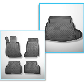 Kit tapis de coffre et tapis de voiture TPE pour: Mercedes-Benz Classe C W205 Berline (03.2014-11.2020) - sièges arrière rabattables (divisés); cavité droite amovible dans les modèles avec filet latéral