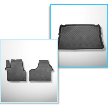 Kit tapis de coffre et tapis de voiture TPE pour: Opel Vivaro B Van (09.2014-02.2019) - version pour le transport de passagers (break / tour); derriere 3e rangée de sieges; version courte (short); sièges non coulissants, montés sur crochets