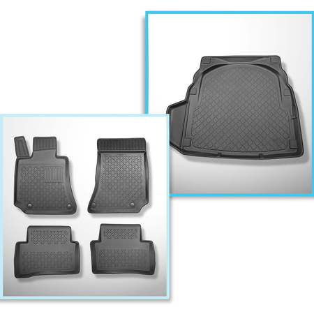 Kit tapis de coffre et tapis de voiture TPE pour: Mercedes-Benz Classe E W212 Berline (03.2009-03.2016) - avec cavité gauche (éventuellement à couper); surface plate du coffre