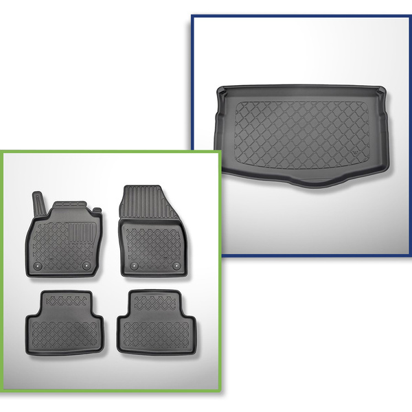 Kit tapis de coffre et tapis de voiture TPE pour: Volkswagen T-Cross Crossover (04.2019-....) - coffre inférieur;plancher amovible au plus bas niveau
