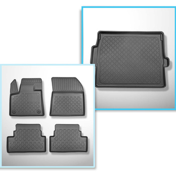 Kit tapis de coffre et tapis de voiture TPE pour: Opel Grandland X X SUV (10.2017-....) - coffre supérieur (seuil de chargement plat); plancher amovible au plus haut niveau; pas pour les versions hybride; sans Hi-Fi-System FOCAL