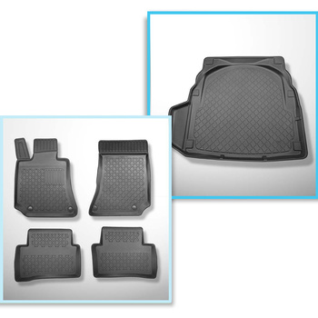 Kit tapis de coffre et tapis de voiture TPE pour: Mercedes-Benz Classe E W212 Berline (03.2009-03.2016) - avec cavité gauche (éventuellement à couper); surface plate du coffre