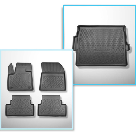 Kit tapis de coffre et tapis de voiture TPE PREMIUM pour: Opel Grandland X SUV (10.2017-....) - coffre supérieur (seuil de chargement plat); plancher amovible au plus haut niveau; pas pour les versions hybride; sans Hi-Fi-System FOCAL